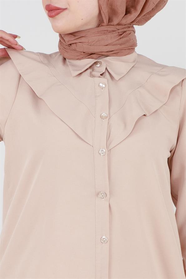 Yakası Kat Detaylı poplin Tunik-Bej