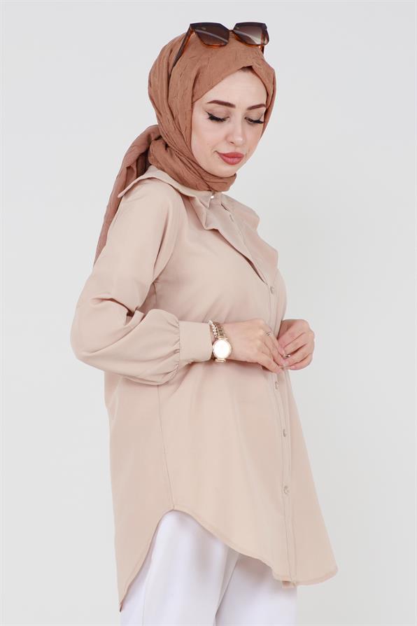 Yakası Kat Detaylı poplin Tunik-Bej