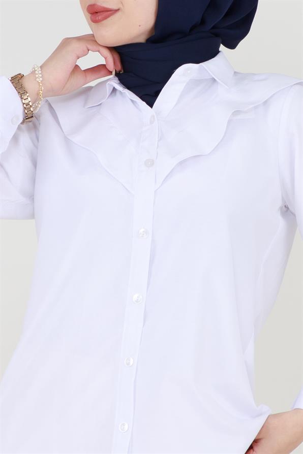 Poplin Tunic with design on the Collar-White