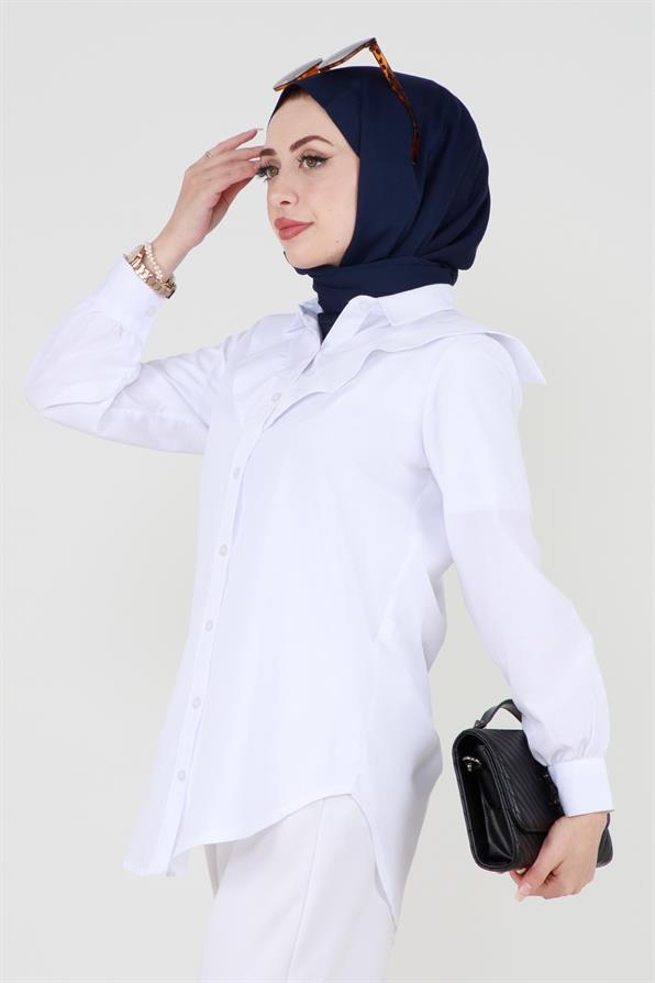 Poplin Tunic with design on the Collar-White