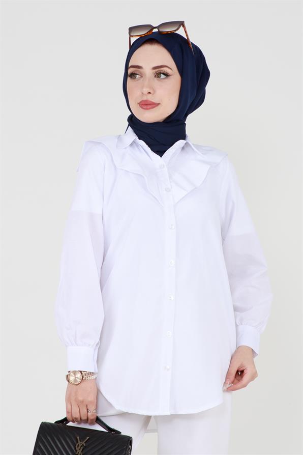 Poplin Tunic with design on the Collar-White