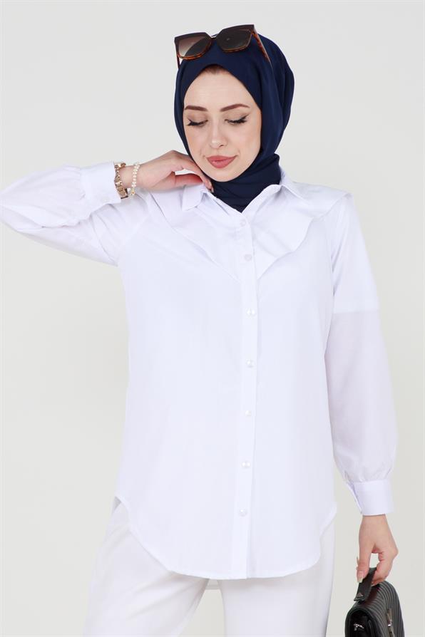 Poplin Tunic with design on the Collar-White