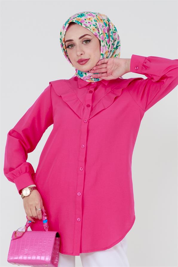 Yakası Kat Detaylı poplin Tunik-Fuşya