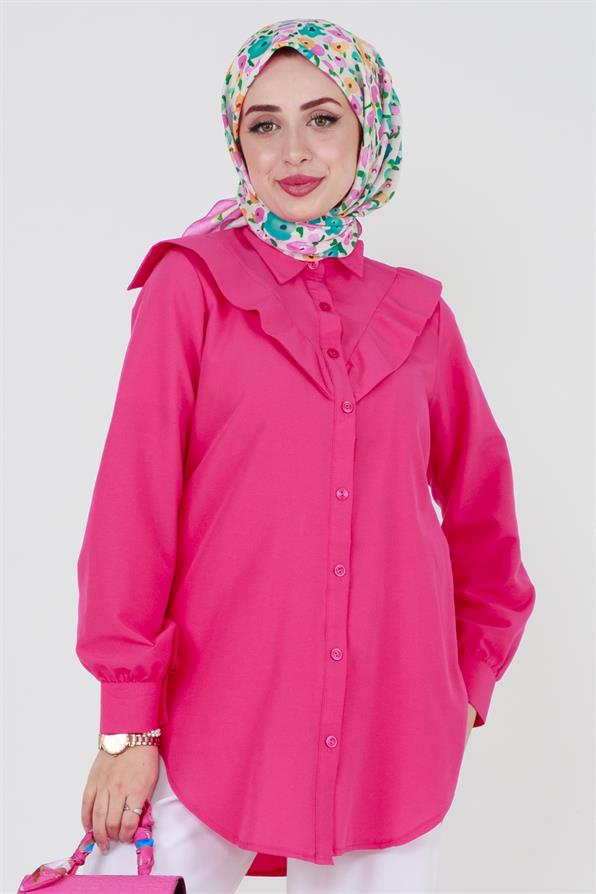 Yakası Kat Detaylı poplin Tunik-Fuşya