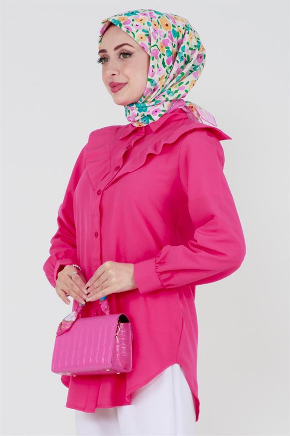Yakası Kat Detaylı poplin Tunik-Fuşya