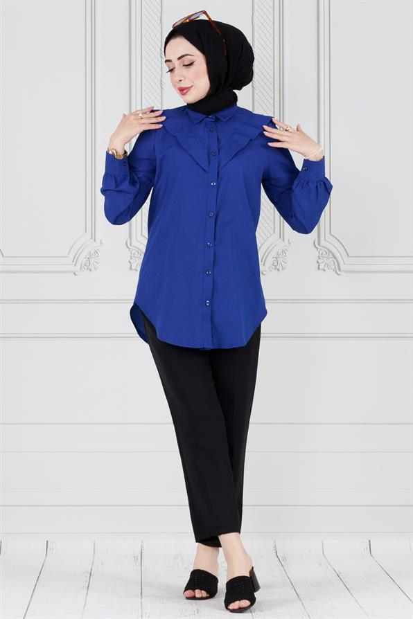 Yakası Kat Detaylı poplin Tunik-Lacivert