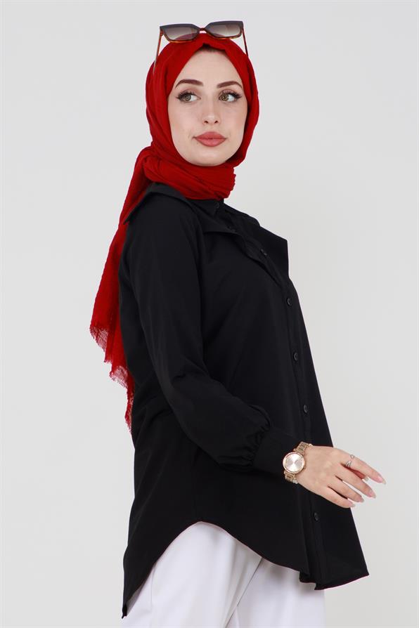 Poplin Tunic with design on the Collar-Black