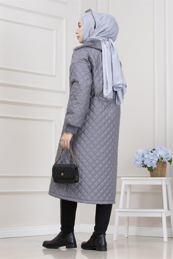 Yakası Kürklü Capitone Mont-GRİ