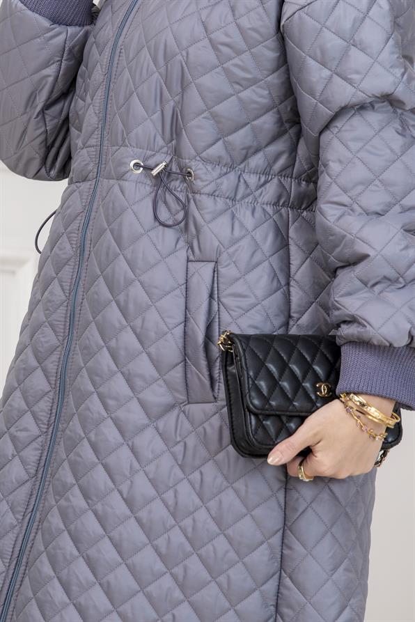 Yakası Kürklü Capitone Mont-GRİ