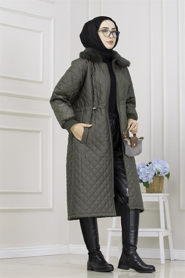 Yakası Kürklü Capitone Mont-HAKİ