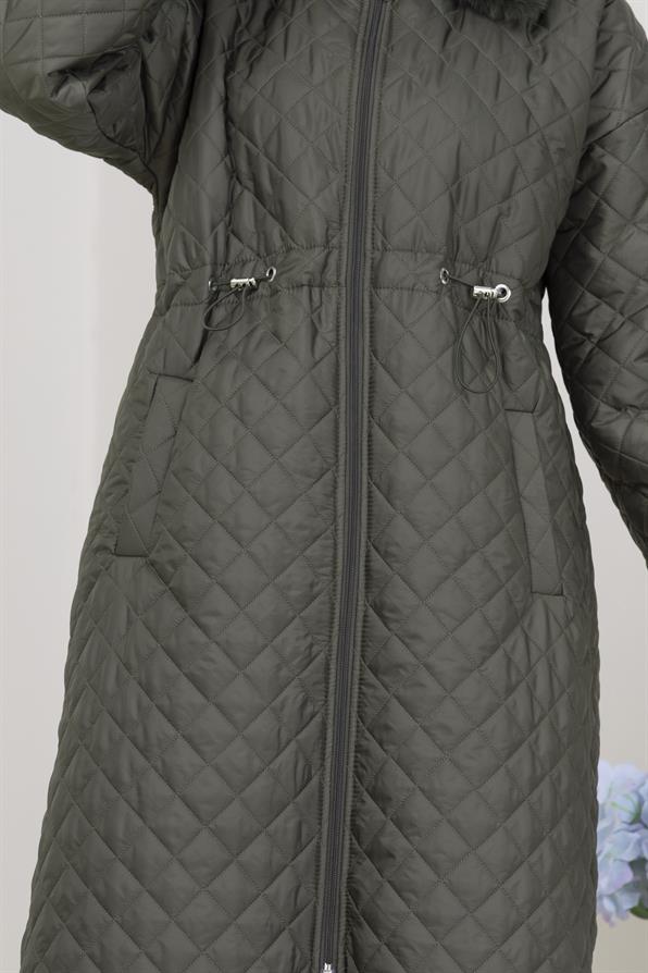 Yakası Kürklü Capitone Mont-HAKİ