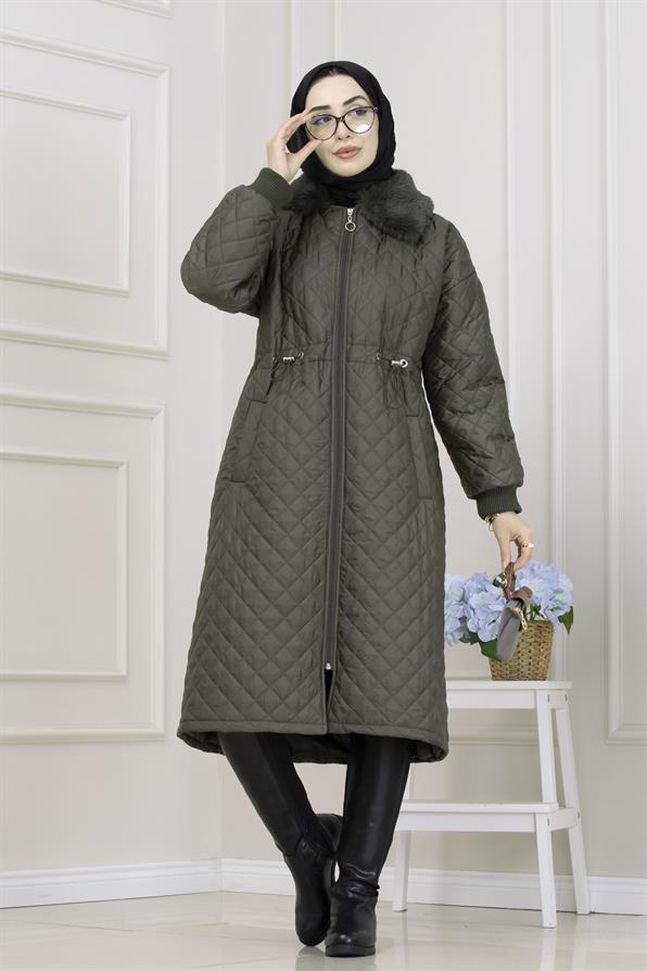 Yakası Kürklü Capitone Mont-HAKİ