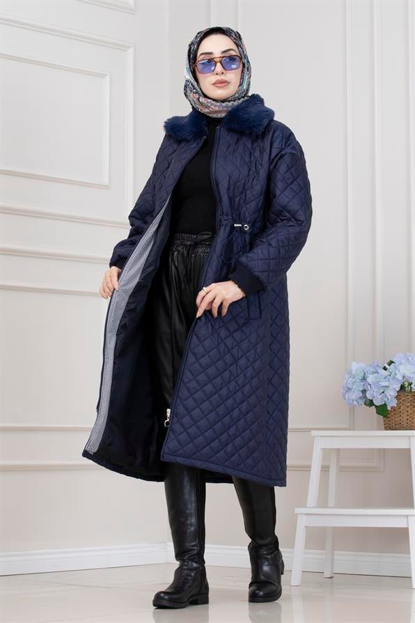 Yakası Kürklü Capitone Mont-LACİVERT