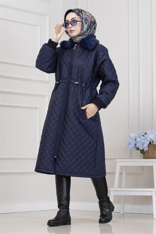 Yakası Kürklü Capitone Mont-LACİVERT