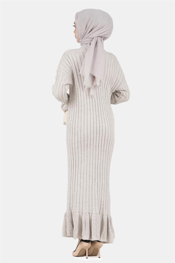 فستان صوف بأكمام ياقوت وأزرار - اللون الحجري