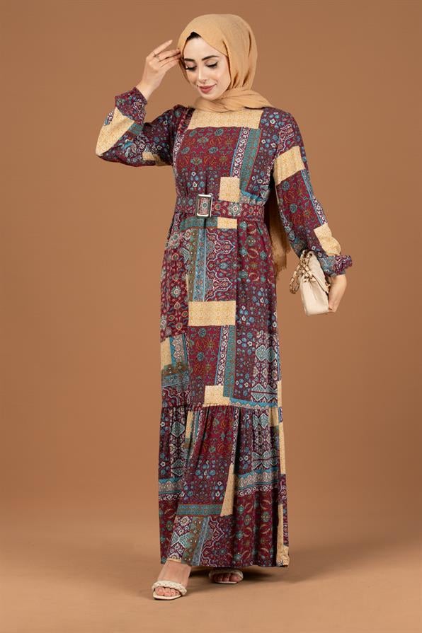 Patch Pattern Viscose Dress-Beige