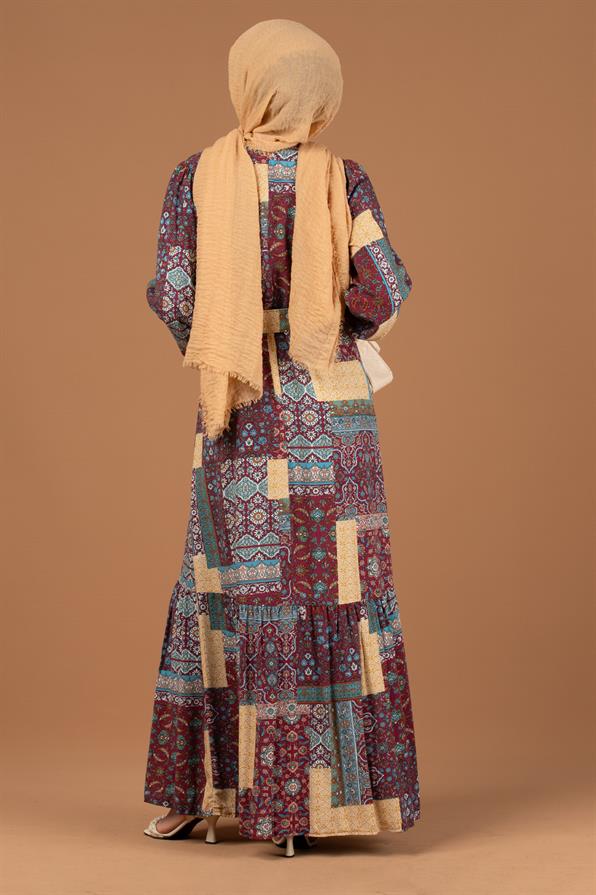 Patch Pattern Viscose Dress-Beige