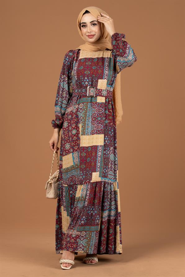 Patch Pattern Viscose Dress-Beige