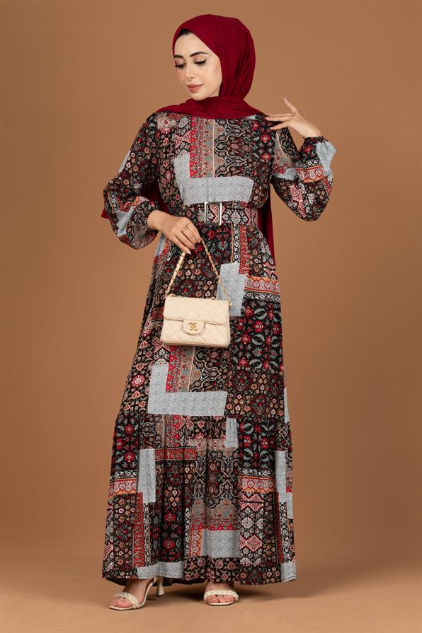 Yama Desenli Viscon Elbise-Bordo