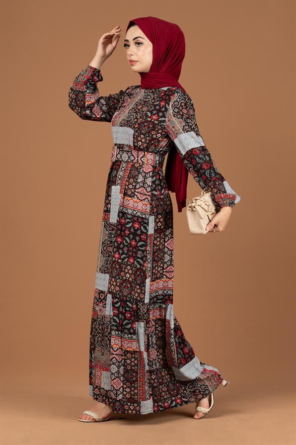 Yama Desenli Viscon Elbise-Bordo