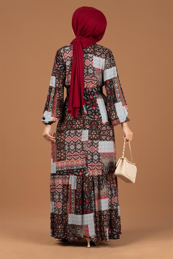 Yama Desenli Viscon Elbise-Bordo