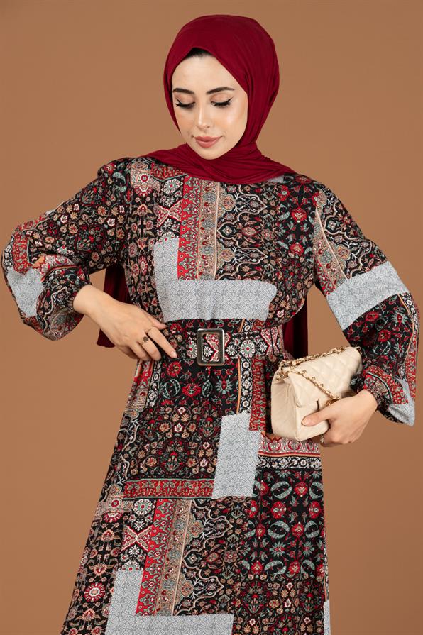 Yama Desenli Viscon Elbise-Bordo