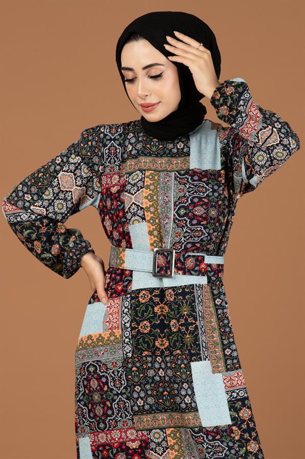 Yama Desenli Viscon Elbise-Siyah