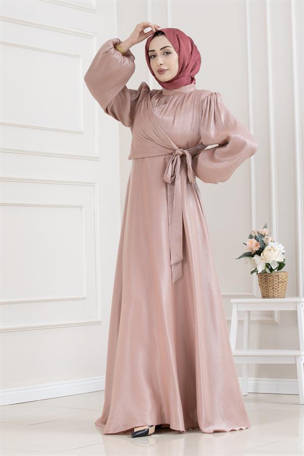 Yan Bağlamalı Simli Tesettür Abiye-GÜL KURUSU