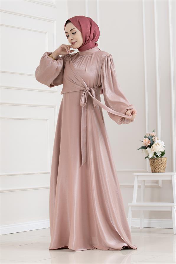 Yan Bağlamalı Simli Tesettür Abiye-GÜL KURUSU