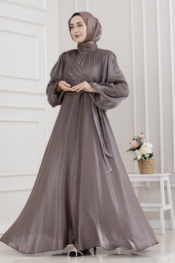 Yan Bağlamalı Simli Tesettür Abiye-KAHVERENGİ