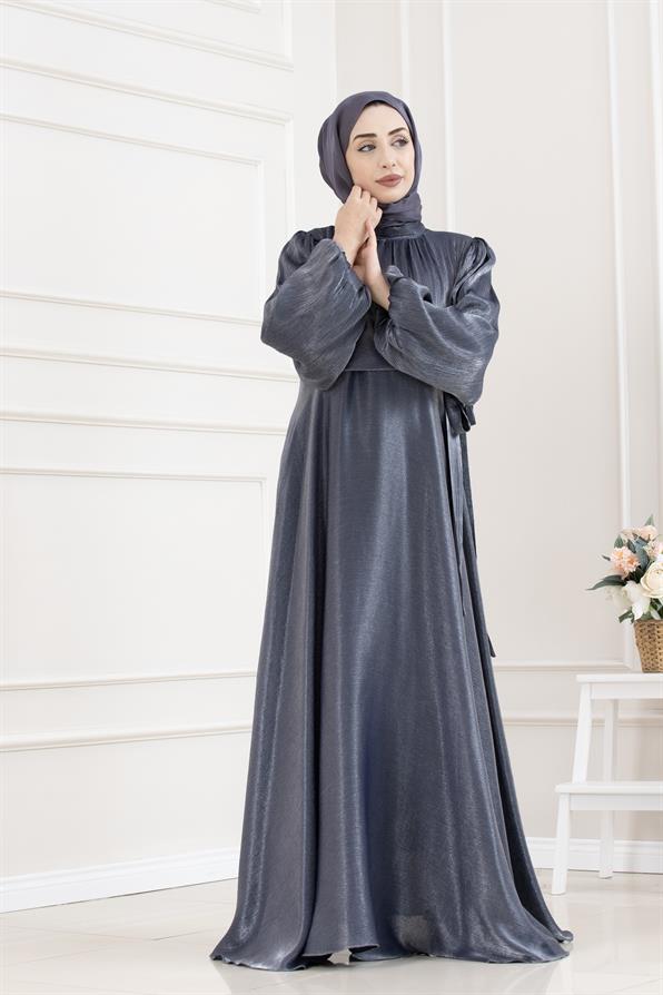 Yan Bağlamalı Simli Tesettür Abiye-LACİVERT