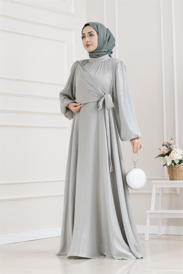Yan Bağlamalı Simli Tesettür Abiye-MİNT YEŞİLİ