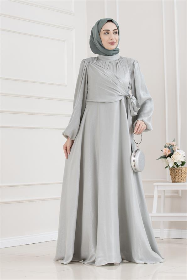 Yan Bağlamalı Simli Tesettür Abiye-MİNT YEŞİLİ