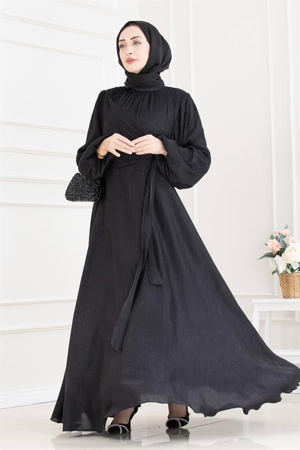 Yan Bağlamalı Simli Tesettür Abiye-SİYAH