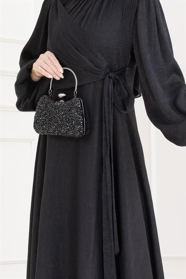 Yan Bağlamalı Simli Tesettür Abiye-SİYAH