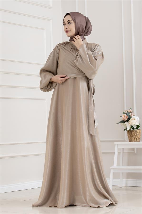Yan Bağlamalı Simli Tesettür Abiye-VİZON