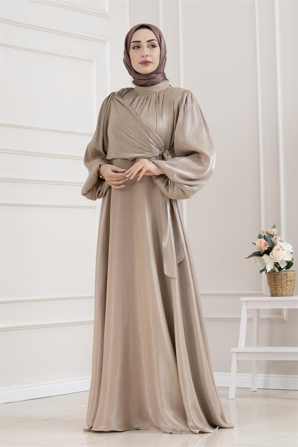 Yan Bağlamalı Simli Tesettür Abiye-VİZON