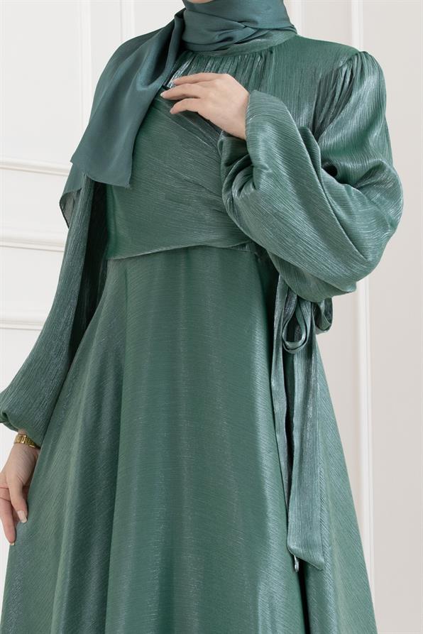 Yan Bağlamalı Simli Tesettür Abiye-ZÜMRÜT YEŞİLİ