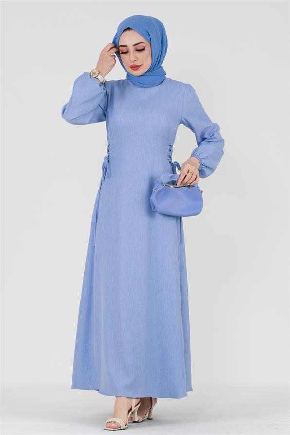فستان قطني برباط جانبي - أزرق السماء