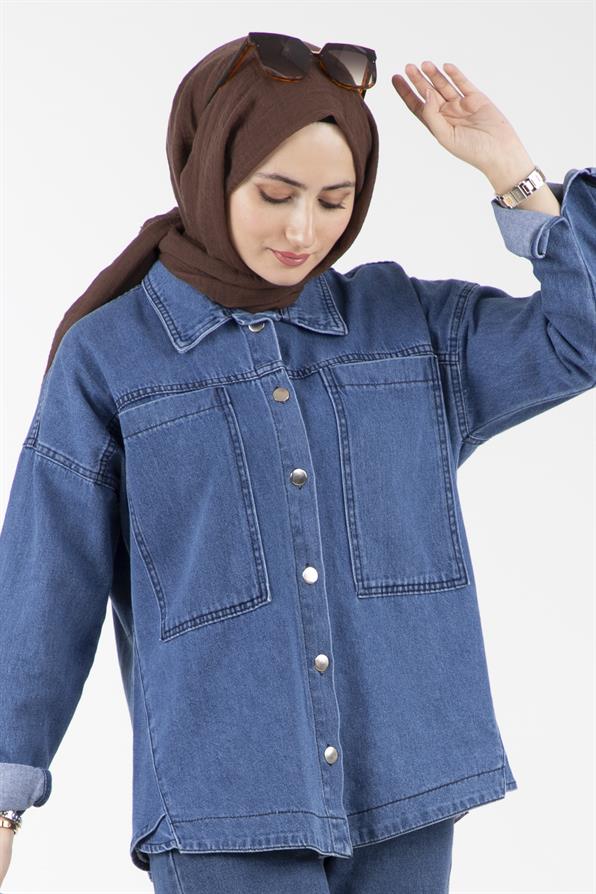 قميص جينز بتفاصيل جانبية-اللون الأزرق