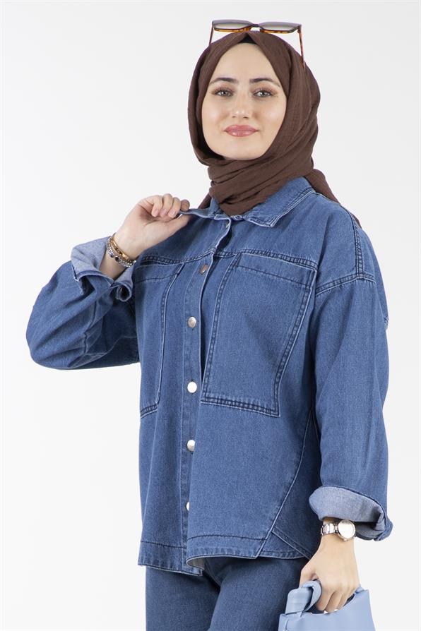 قميص جينز بتفاصيل جانبية-اللون الأزرق