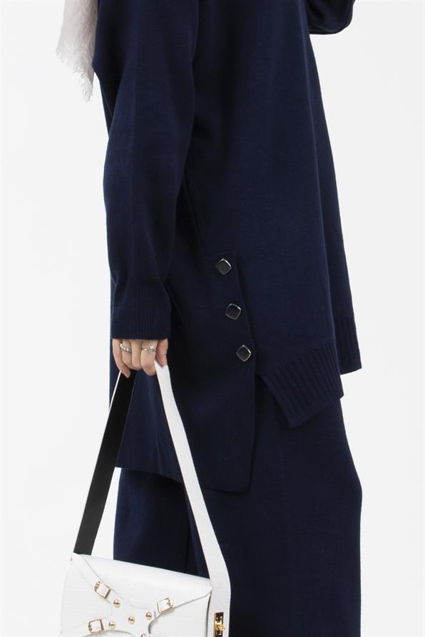 Button Detail Knit Suit-Navy Blue