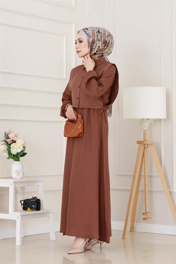 Yanları Bağlamalı Elbiseli Takım-Kahverengi