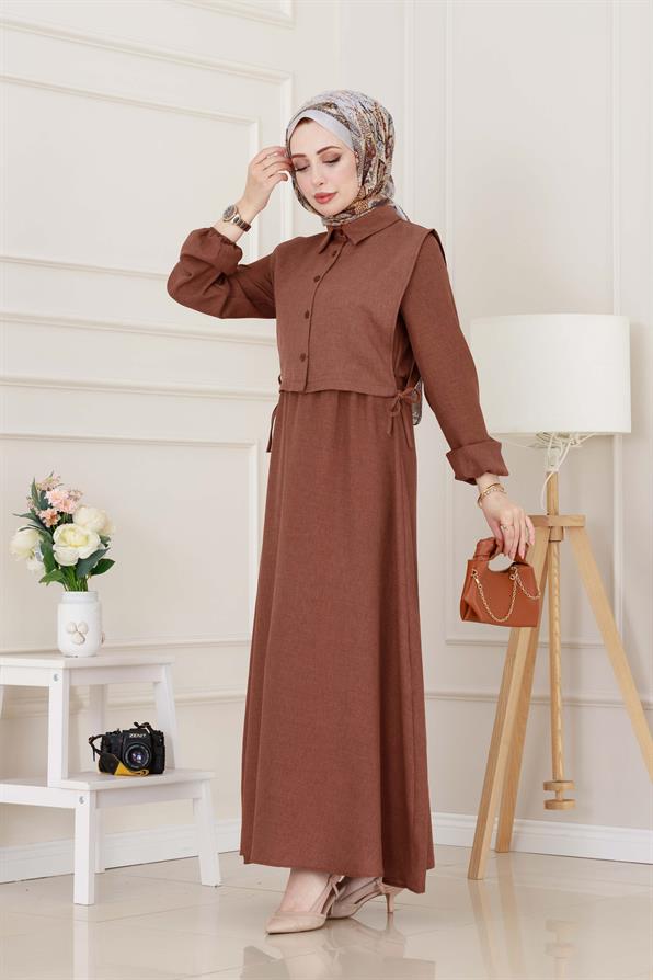 Yanları Bağlamalı Elbiseli Takım-Kahverengi