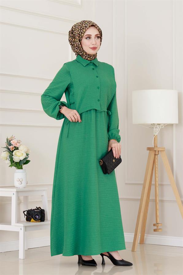 Yanları Bağlamalı Elbiseli Takım-Yeşil