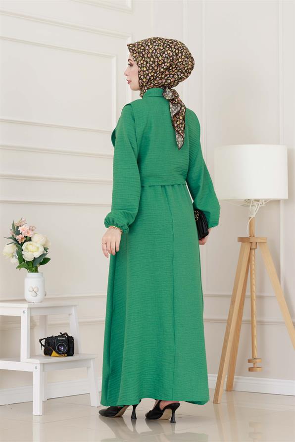 Yanları Bağlamalı Elbiseli Takım-Yeşil
