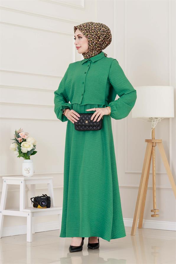 Yanları Bağlamalı Elbiseli Takım-Yeşil
