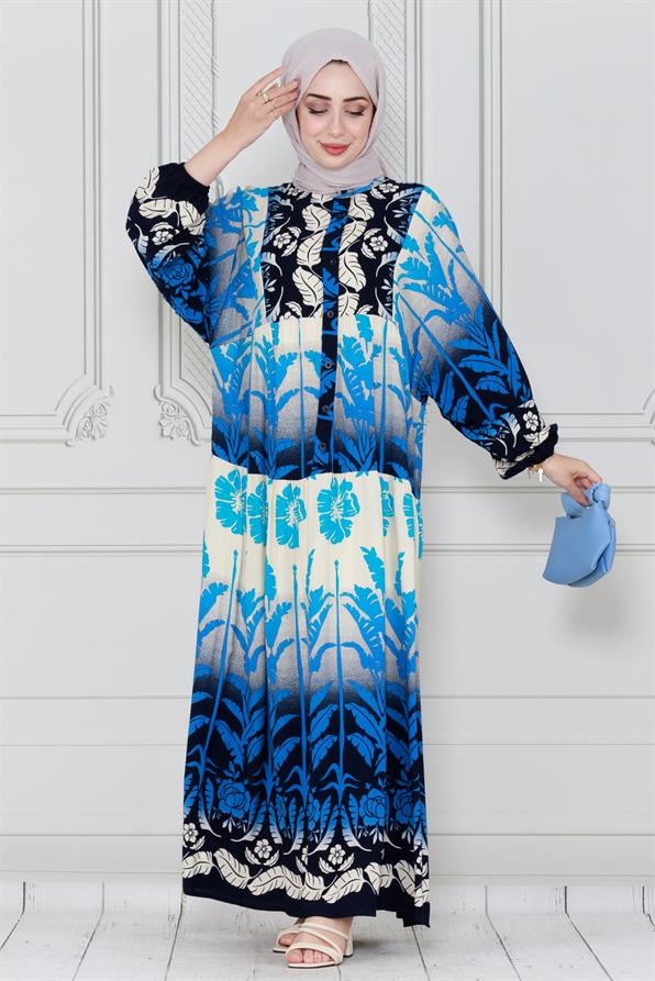 فستان فيسكوز بطبعة أوراق شجر-ازرق داكن  اللون