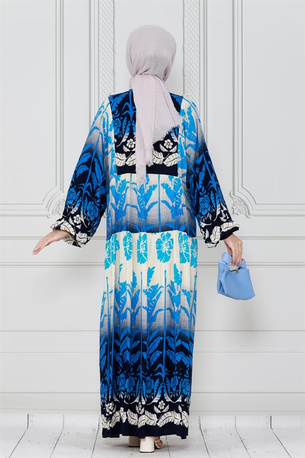 فستان فيسكوز بطبعة أوراق شجر-ازرق داكن  اللون