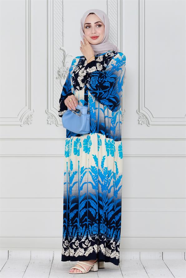 فستان فيسكوز بطبعة أوراق شجر-ازرق داكن  اللون